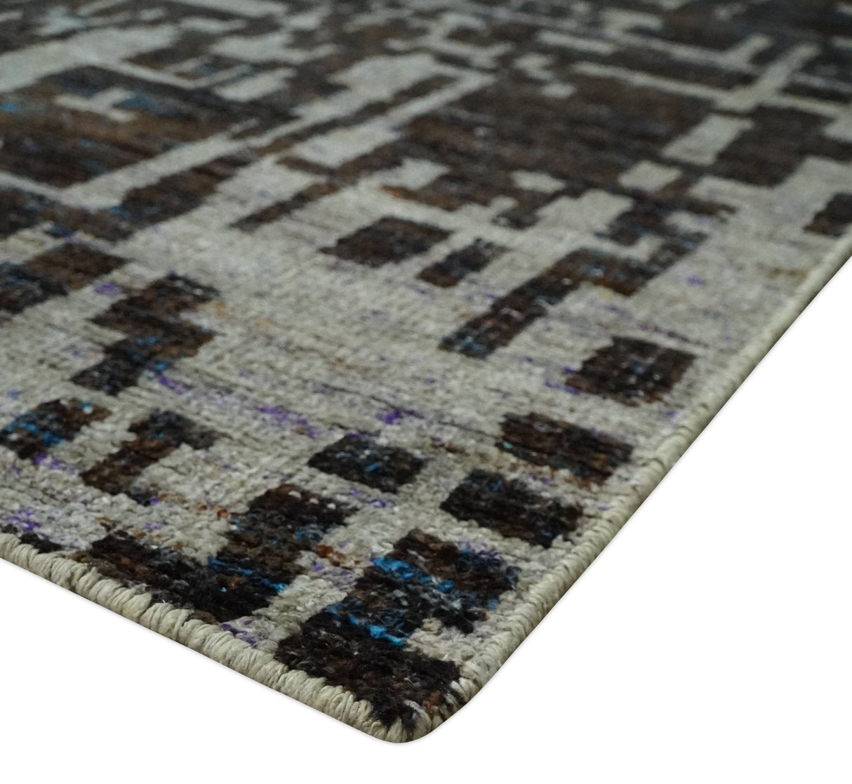 5x8 and 9x12 Hand Knotted Silver, Charcoal and Brown Modern Abstract  Recycled Silk Area Rug