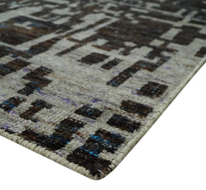 5x8 and 9x12 Hand Knotted Silver, Charcoal and Brown Modern Abstract  Recycled Silk Area Rug