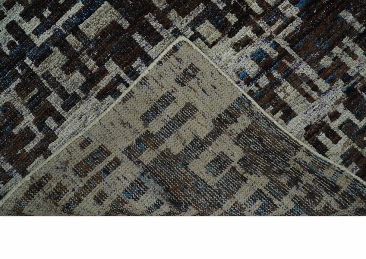 5x8 and 9x12 Hand Knotted Silver, Charcoal and Brown Modern Abstract  Recycled Silk Area Rug