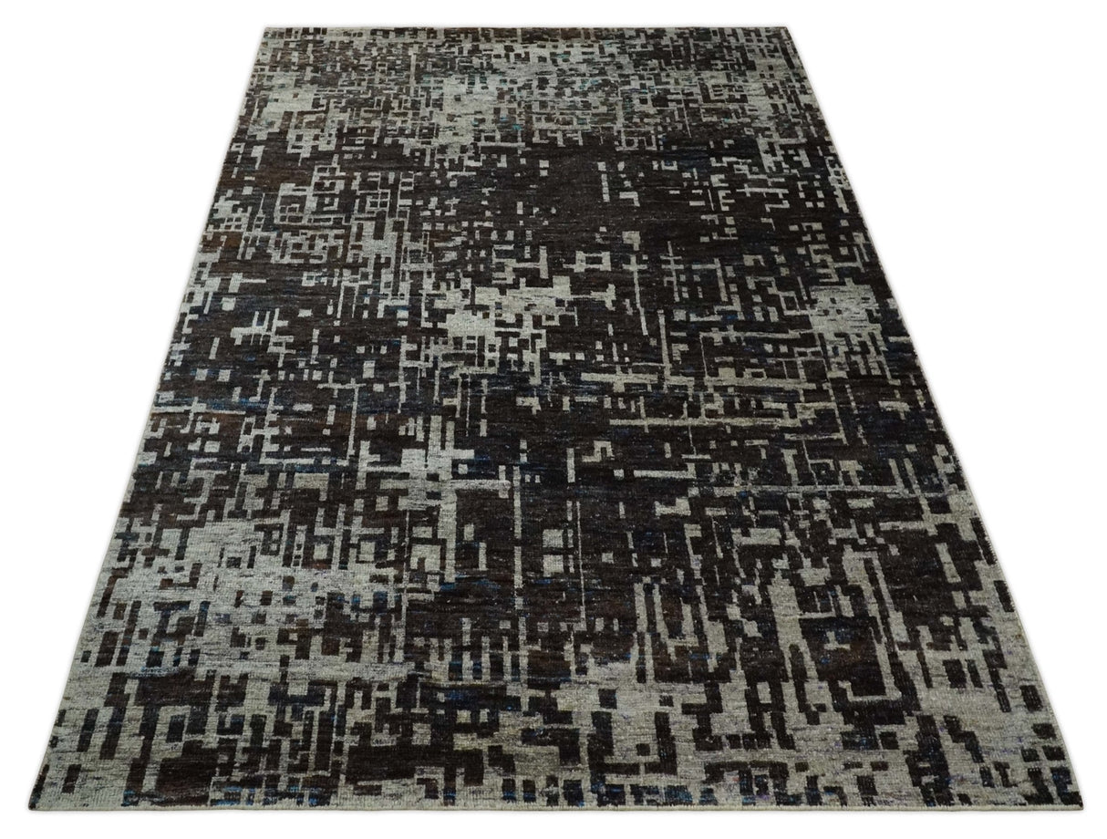 5x8 and 9x12 Hand Knotted Silver, Charcoal and Brown Modern Abstract  Recycled Silk Area Rug