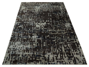 5x8 and 9x12 Hand Knotted Silver, Charcoal and Brown Modern Abstract  Recycled Silk Area Rug
