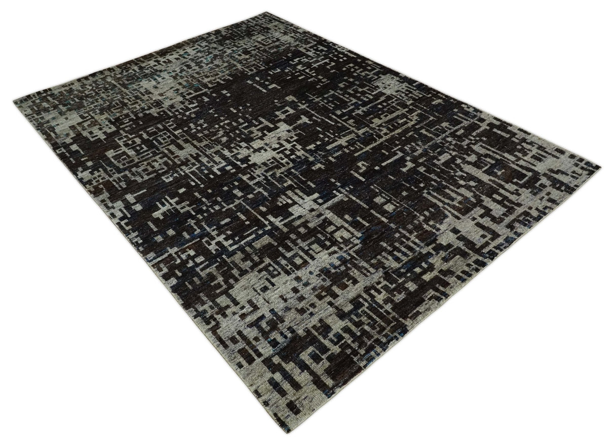 5x8 and 9x12 Hand Knotted Silver, Charcoal and Brown Modern Abstract  Recycled Silk Area Rug