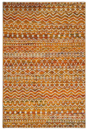 9x12 Hand Knotted Gold and White Modern Contemporary Southwestern Tribal Trellis Recycled Silk Area Rug