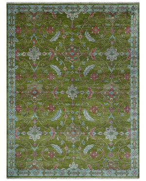 9x12 Hand Knotted Green, Silver and Maroon Traditional Wool Area Rug