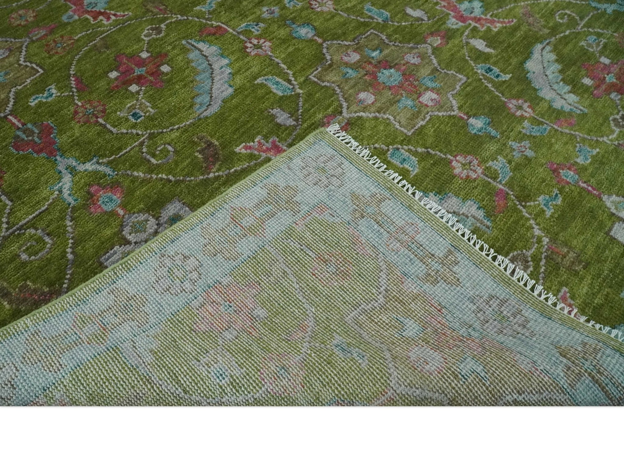 9x12 Hand Knotted Green, Silver and Maroon Traditional Wool Area Rug