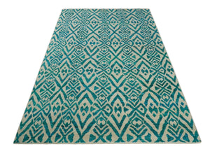 Hand Knotted Ivory and Blue Modern Contemporary Southwestern Tribal Trellis Recycled Silk Area Rug