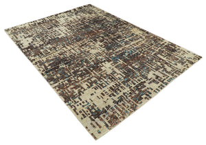 9x12 Hand Knotted Ivory and Brown Modern Abstract Contemporary Recycled Silk Area Rug