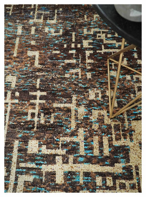 9x12 Hand Knotted Ivory and Brown Modern Abstract Contemporary Recycled Silk Area Rug