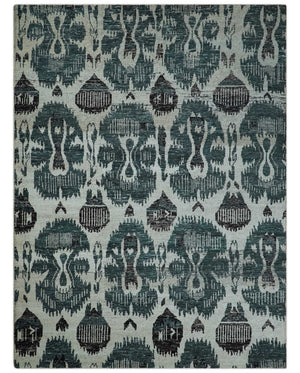 9x12 Hand Knotted Ivory, Teal and Brown Contemporary Style Recycled Silk Area Rug