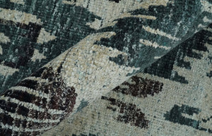 9x12 Hand Knotted Ivory, Teal and Brown Contemporary Style Recycled Silk Area Rug