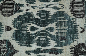 9x12 Hand Knotted Ivory, Teal and Brown Contemporary Style Recycled Silk Area Rug