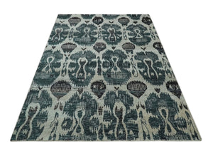 9x12 Hand Knotted Ivory, Teal and Brown Contemporary Style Recycled Silk Area Rug