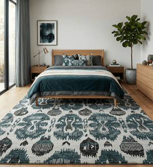 9x12 Hand Knotted Ivory, Teal and Brown Contemporary Style Recycled Silk Area Rug