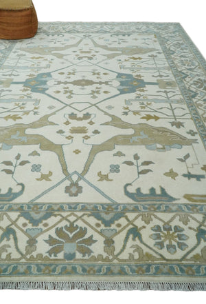 9x12 Hand Knotted Oriental Oushak Ivory, Teal and Beige Wool Area Rug