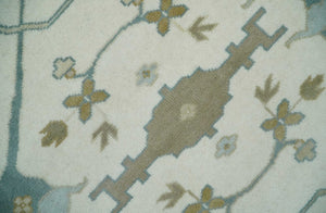 9x12 Hand Knotted Oriental Oushak Ivory, Teal and Beige Wool Area Rug