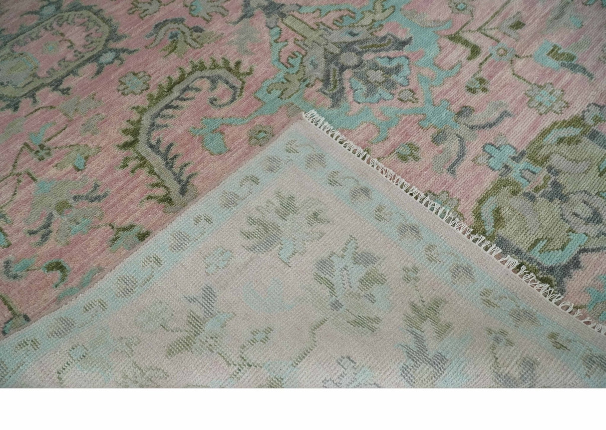 9x12 Hand Knotted Pink and Aqua Oriental Oushak Traditional Wool Area Rug