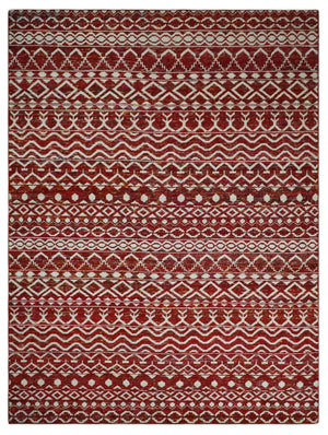 9x12 Hand Knotted Maroon and White Modern Contemporary Southwestern Tribal Trellis Recycled Silk Area Rug