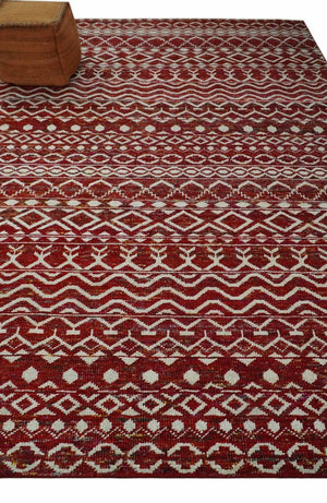 9x12 Hand Knotted Maroon and White Modern Contemporary Southwestern Tribal Trellis Recycled Silk Area Rug