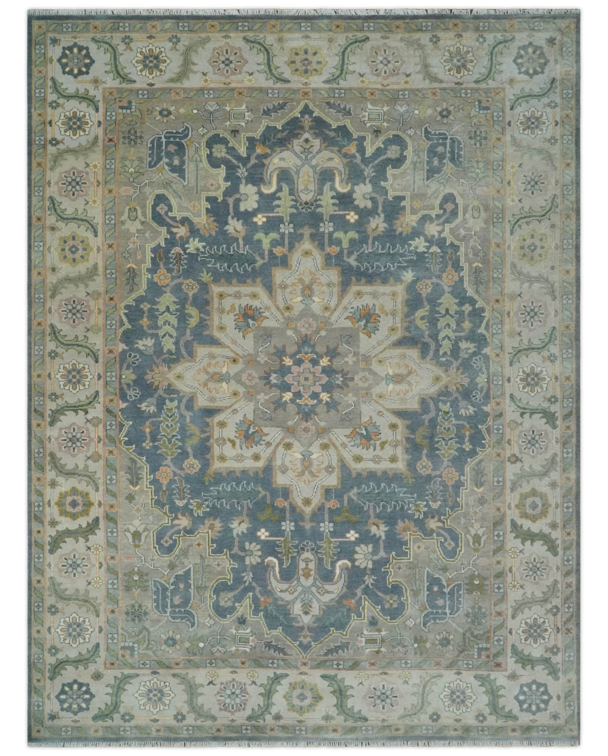 9x12 Hand Knotted Silver and Blue Traditional Heriz Serapi Antique Wool Rug, Living Room and Bedroom Rug