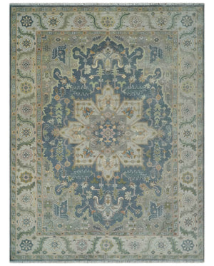 9x12 Hand Knotted Silver and Blue Traditional Heriz Serapi Antique Wool Rug, Living Room and Bedroom Rug