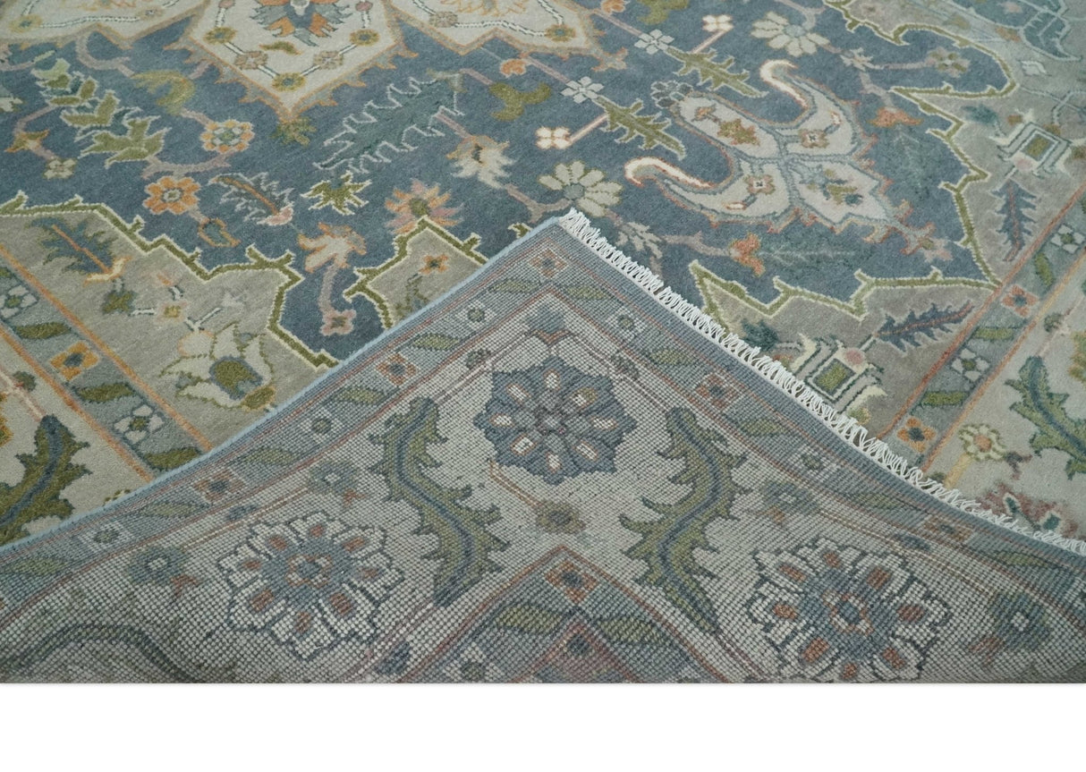 9x12 Hand Knotted Silver and Blue Traditional Heriz Serapi Antique Wool Rug, Living Room and Bedroom Rug