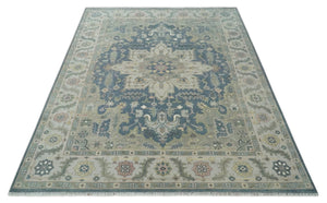 9x12 Medallion Hand Knotted Ivory, Teal and Olive Traditional Wool Area Rug