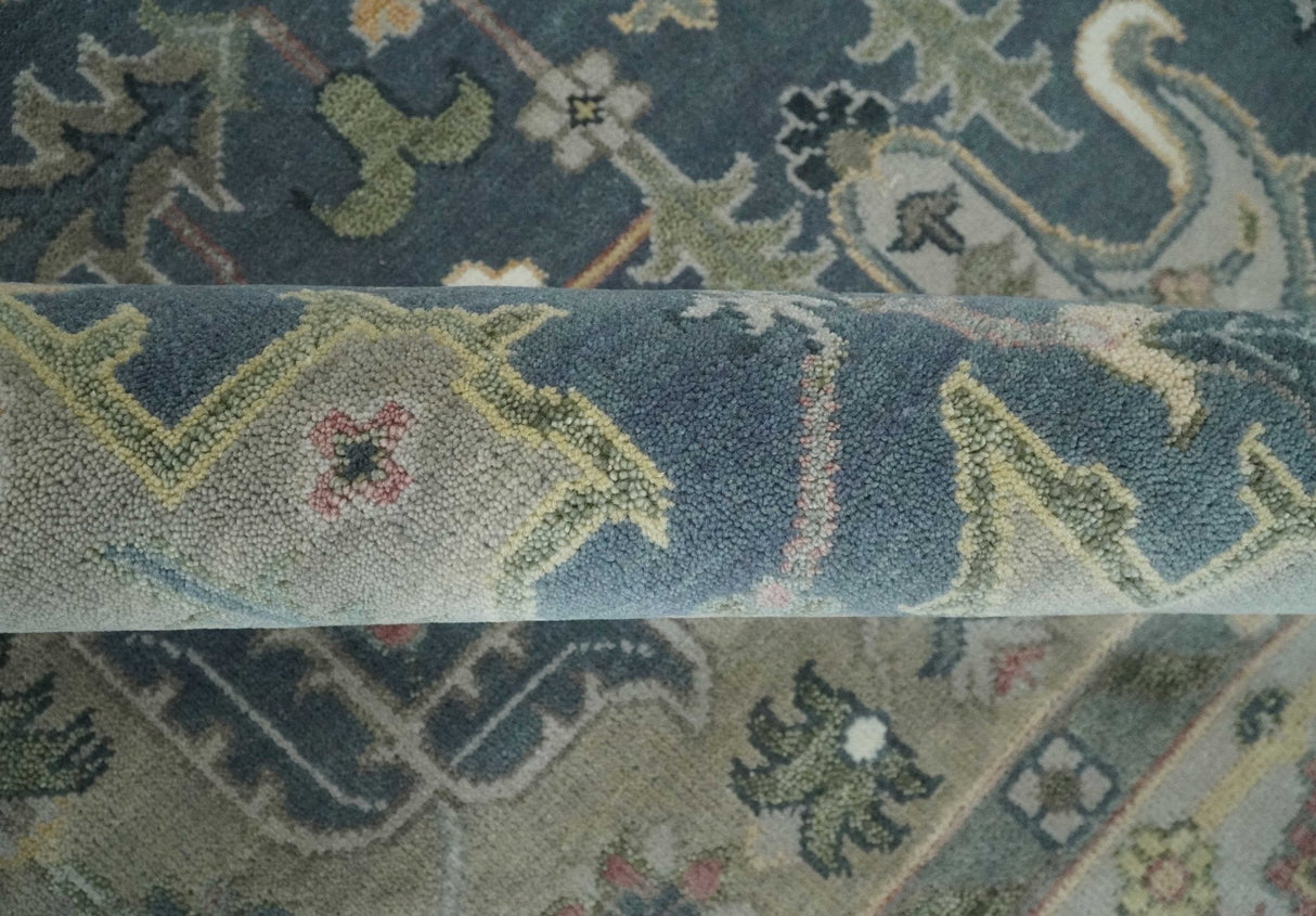 9x12 Medallion Hand Knotted Ivory, Teal and Olive Traditional Wool Area Rug