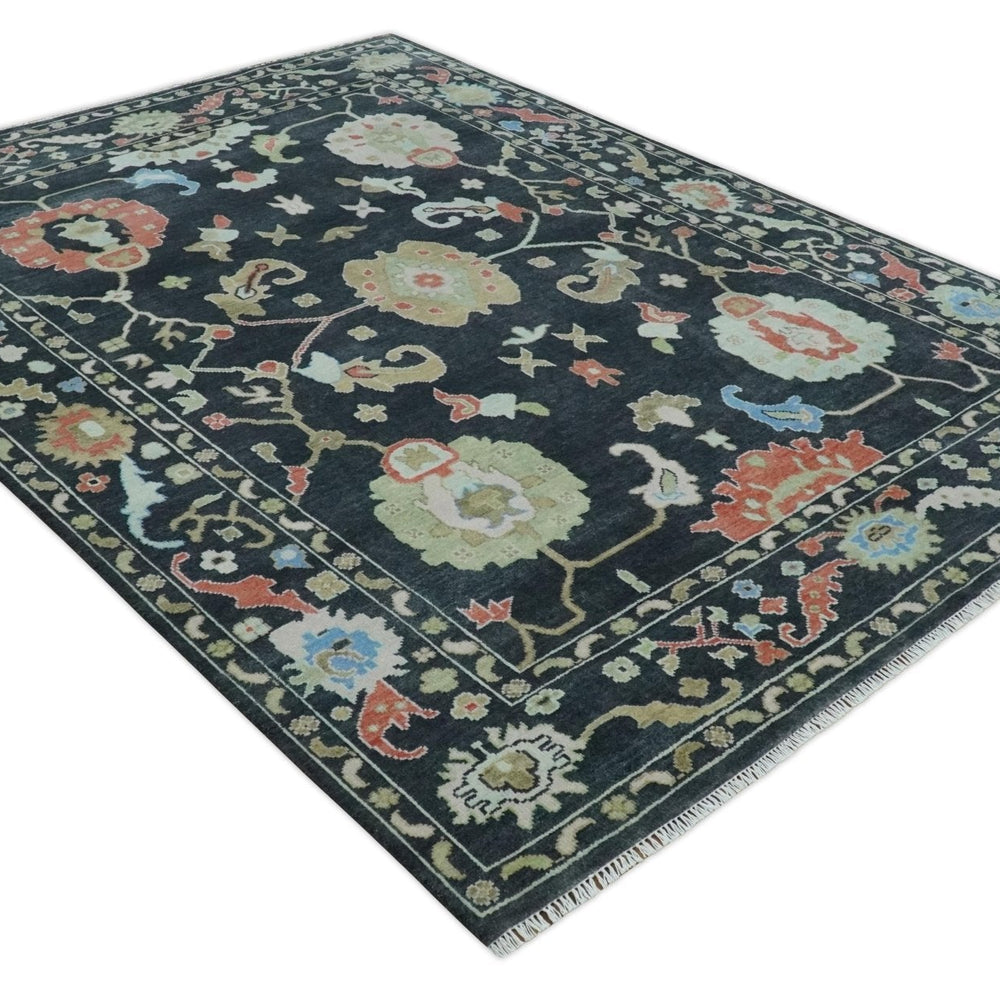 9x12 Modern Hand Knotted Black and Multicolor Traditional Oushak Wool Rug