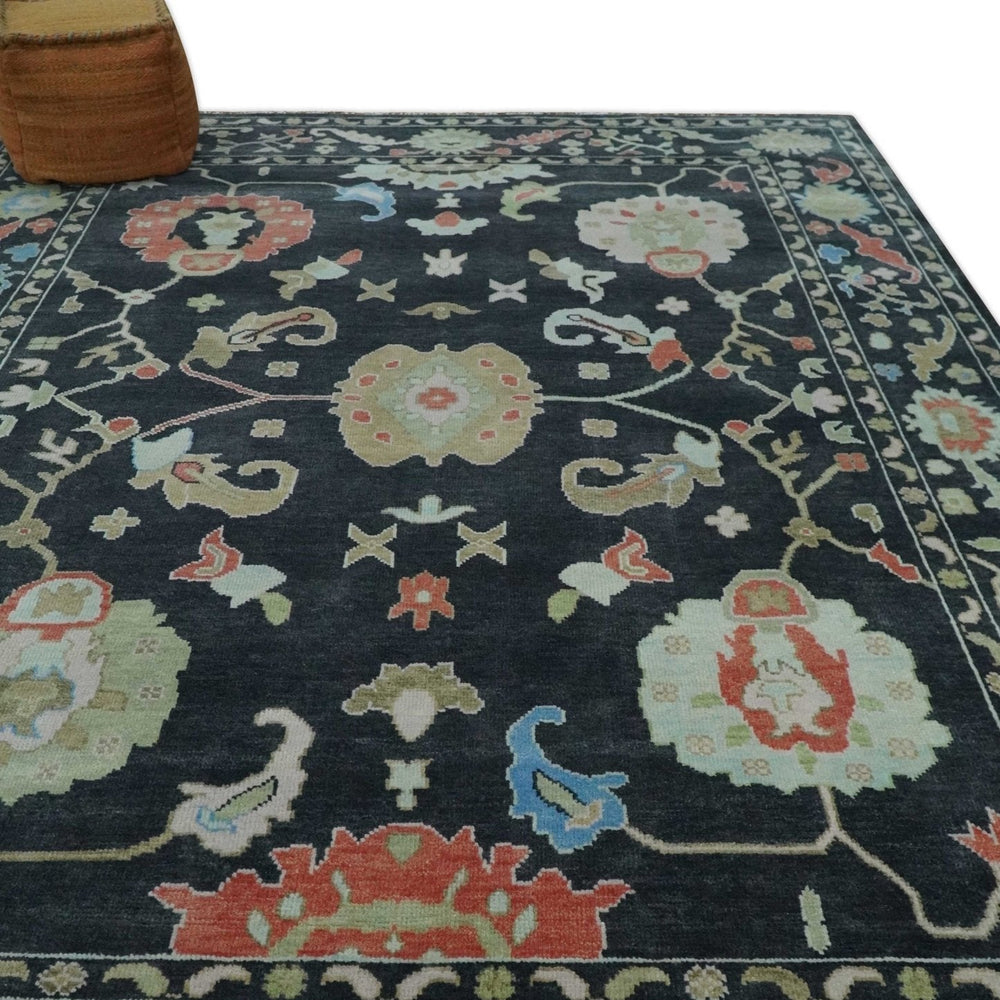 9x12 Modern Hand Knotted Black and Multicolor Traditional Oushak Wool Rug