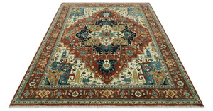 9x12 Rust and Ivory Fine Hand Knotted Traditional Heriz wool area rug