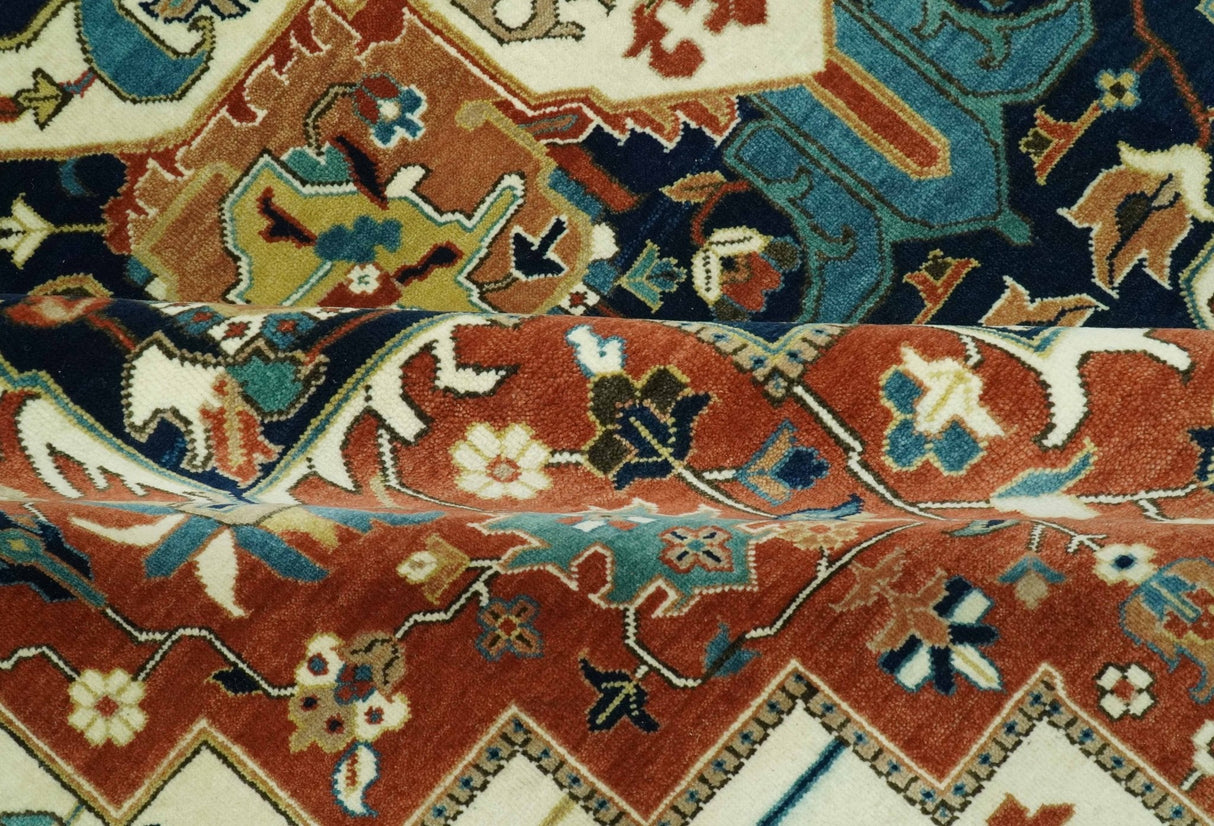 9x12 Rust and Ivory Fine Hand Knotted Traditional Heriz wool area rug