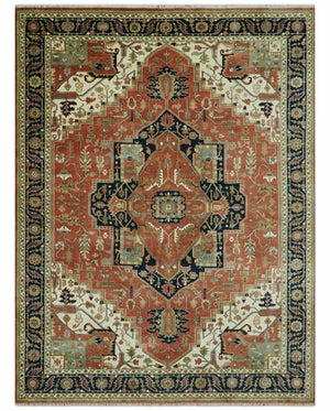 9x12 Rust, Ivory and Blue fine Hand Knotted Traditional Heriz wool area rug