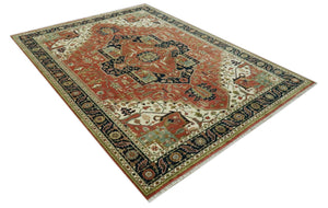 9x12 Rust, Ivory and Blue fine Hand Knotted Traditional Heriz wool area rug