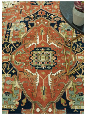 9x12 Rust, Ivory and Blue fine Hand Knotted Traditional Heriz wool area rug