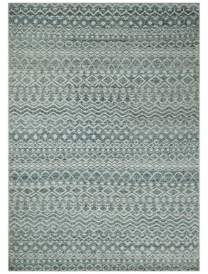 9x13 Hand Knotted Ivory and Teal Blue Modern Contemporary Southwestern Tribal Trellis Recycled Silk Area Rug
