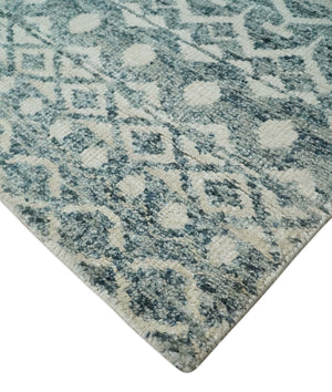 9x13 Hand Knotted Ivory and Teal Blue Modern Contemporary Southwestern Tribal Trellis Recycled Silk Area Rug