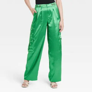 A New Day Women's Straight Relaxed High Rise Satin Cargo Pants Glossy