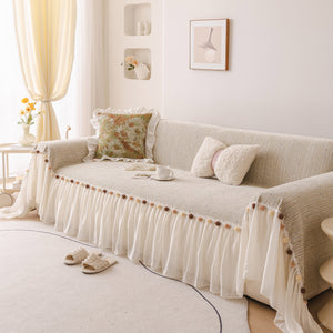 Boho Couch Cover with Knitted Stripes, Chiffon Skirt & Pom Fringe, Pet-Friendly Throw