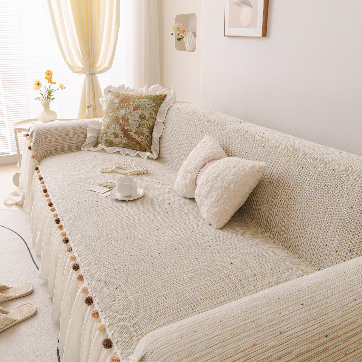Boho Couch Cover with Knitted Stripes, Chiffon Skirt & Pom Fringe, Pet-Friendly Throw