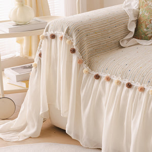 Boho Couch Cover with Knitted Stripes, Chiffon Skirt & Pom Fringe, Pet-Friendly Throw