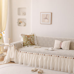 Boho Couch Cover with Knitted Stripes, Chiffon Skirt & Pom Fringe, Pet-Friendly Throw