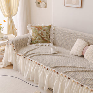 Boho Couch Cover with Knitted Stripes, Chiffon Skirt & Pom Fringe, Pet-Friendly Throw