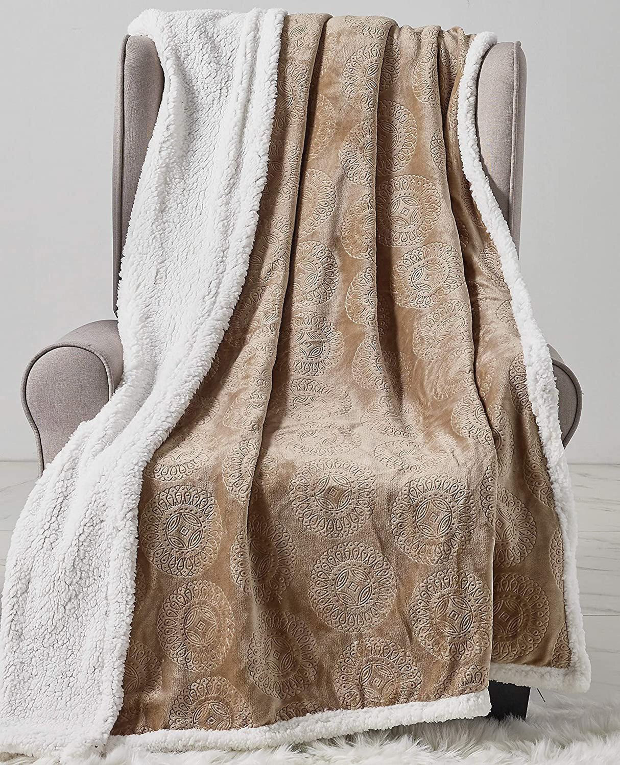 Bon iver collection extra soft mandala embossed microplush throw blanket with sherpa backing