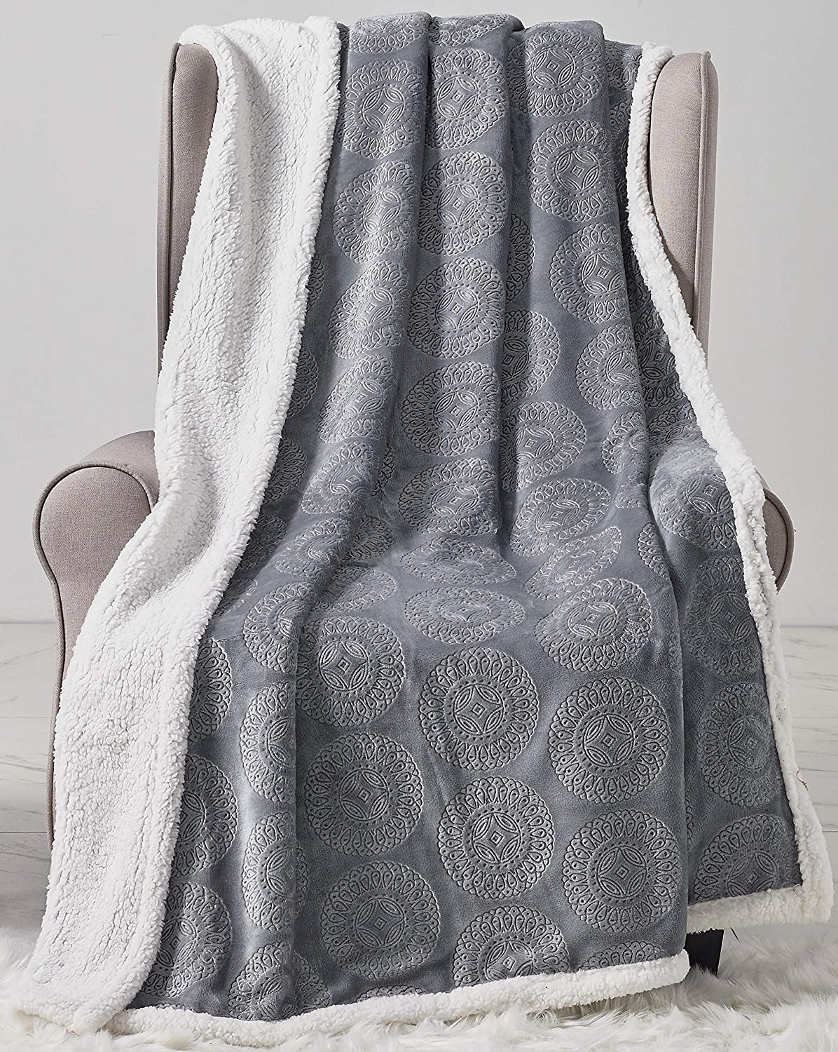 Bon iver collection extra soft mandala embossed microplush throw blanket with sherpa backing