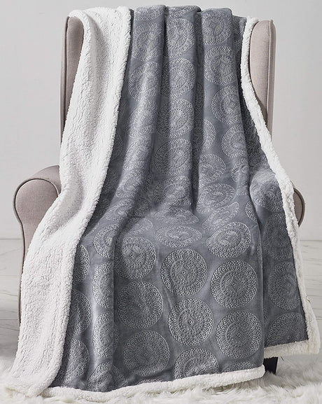 Bon iver collection extra soft mandala embossed microplush throw blanket with sherpa backing