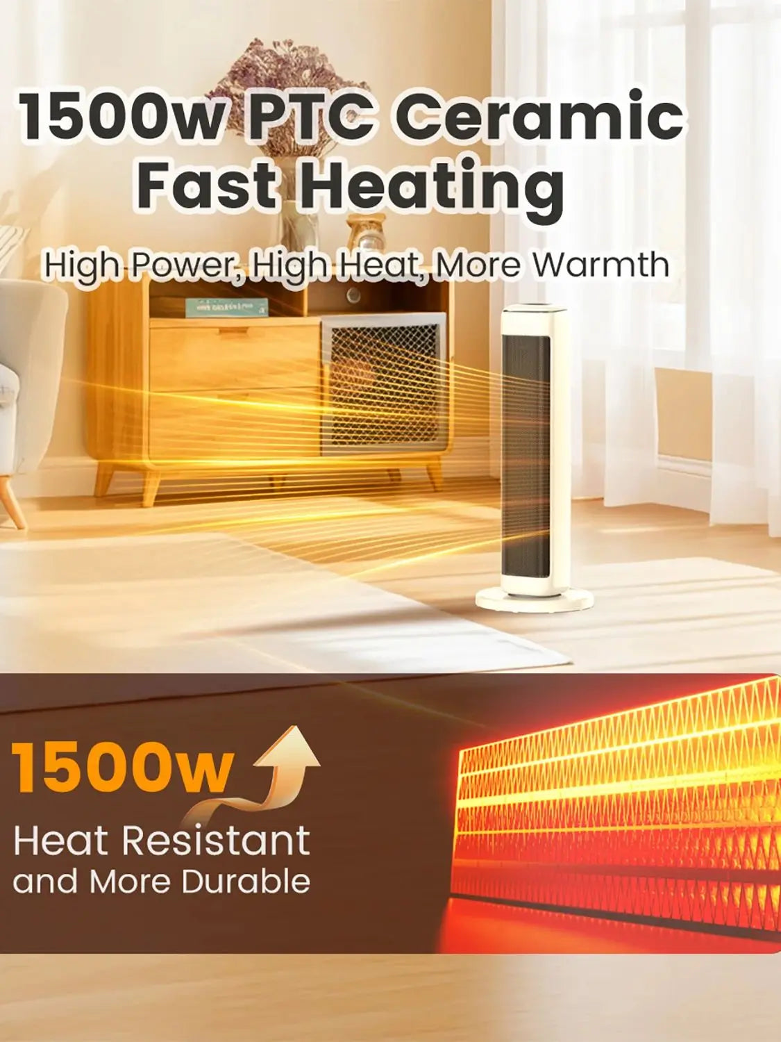 25" Ceramic Tower Space Heater Electric Indoor Heater for Large Room with Thermostat