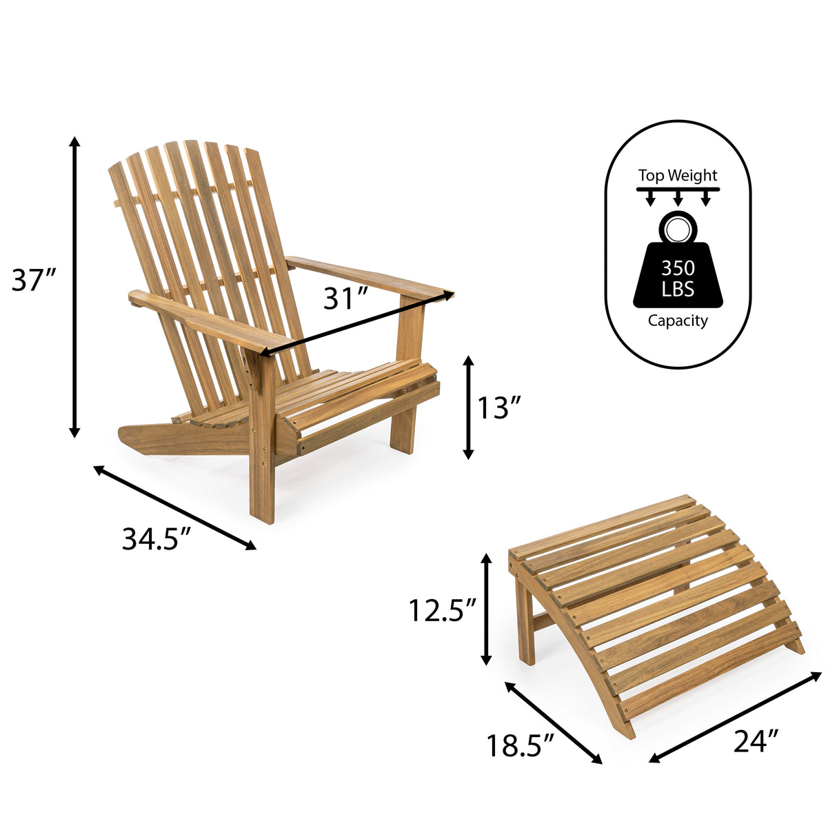 2-piece rustic acacia wood adirondack chair with detachable ottoman- 5 colors available