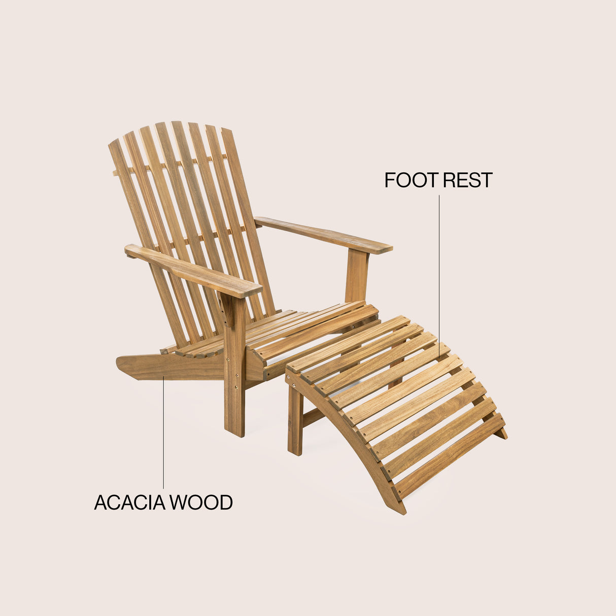 2-piece rustic acacia wood adirondack chair with detachable ottoman- 5 colors available