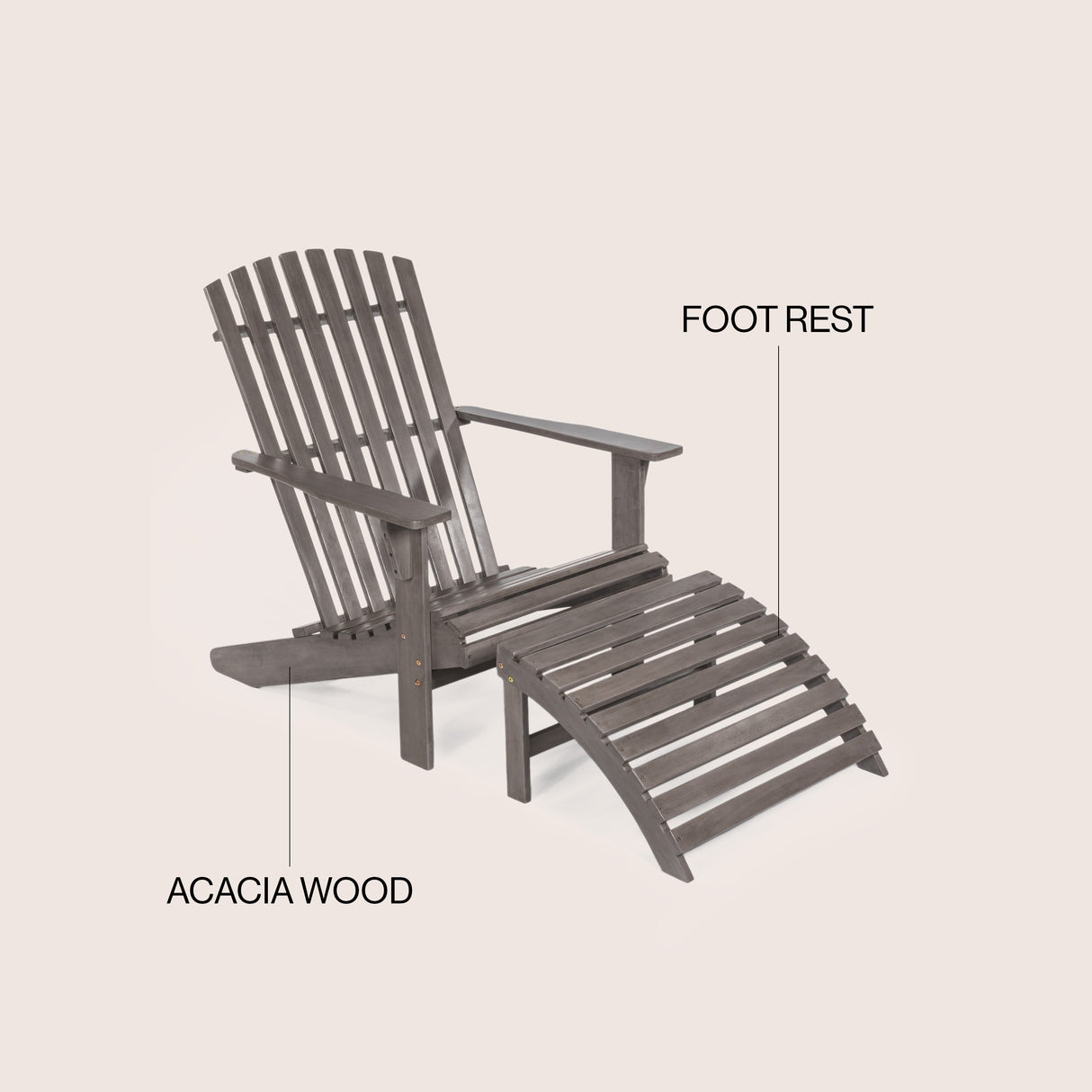 2-piece rustic acacia wood adirondack chair with detachable ottoman- 5 colors available