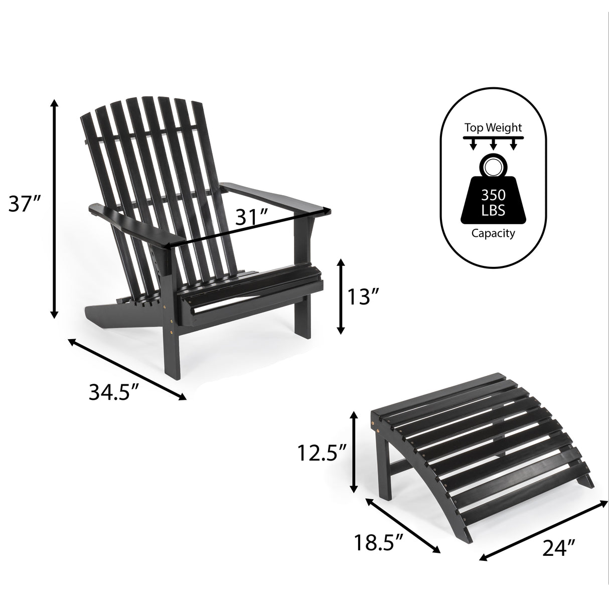 2-piece rustic acacia wood adirondack chair with detachable ottoman- 5 colors available